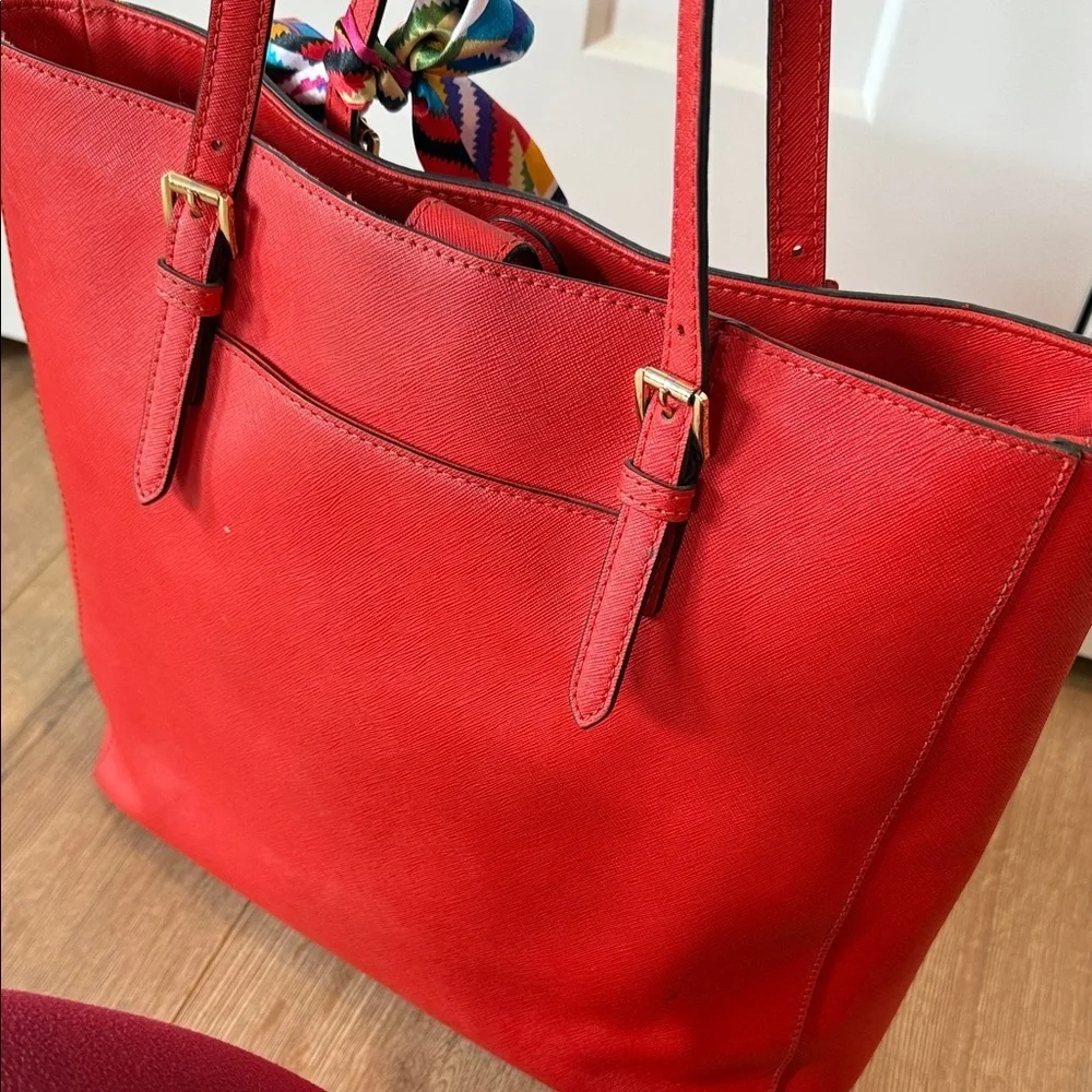 Michael Kors Red Orange tote Bag coated leather gold purse handbag MK designer